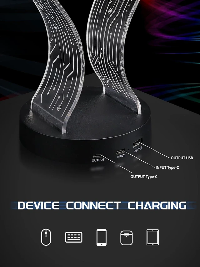 Alt view image 6 of 7 - Light Up Headphone Stand with 16 Color Lights PCB Pattern Acrylic Headset Stand with 1 USB & 1 Type-C Port, Gift for Gamers, DJ & Music Lovers