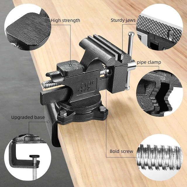 Alt view image 5 of 6 - 4-1/2" Bench Vise for Workbench - 2-in-1 Heavy Duty Multi-Purpose Vice with Soft Jaws & 270° Swivel Base for Woodworking, Welding & DIY