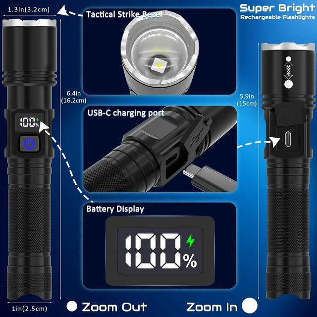 Alt view image 6 of 7 - 4 Pack Rechargeable Flashlights Super Bright High-Lumen LED Tactical Light with LCD Display & 5 Adjustable Modes for Home, Emergency & Camping