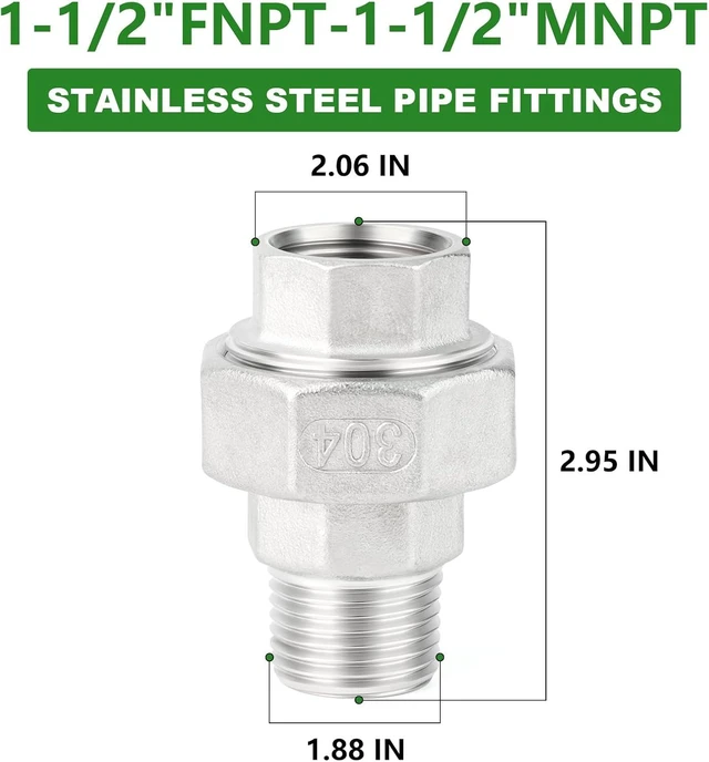 Alt view image 2 of 7 - 2PCS 304 Stainless Steel Cast Pipe Fitting Union 1-1/2" NPT Male x 1-1/2" NPT Female