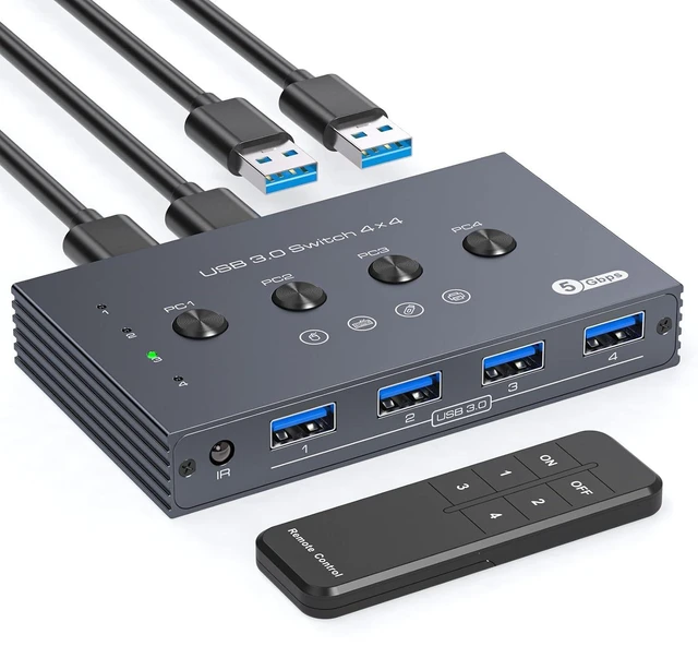 Main image of USB 3.0 Switch Selector 4 Computers Share 4 USB-A Ports for Mouse, Keyboard & Printer, Wireless Remote Control & Cable Included