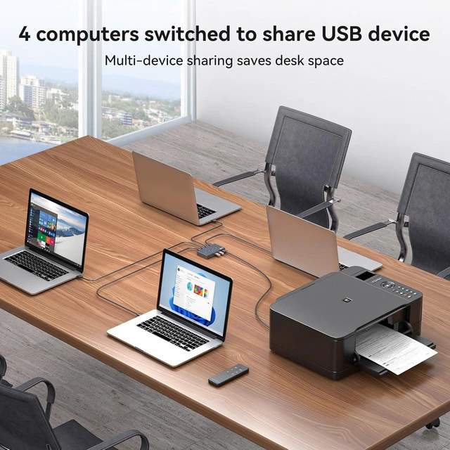 Alt view image 3 of 7 - USB 3.0 Switch Selector 4 Computers Share 4 USB-A Ports for Mouse, Keyboard & Printer, Wireless Remote Control & Cable Included