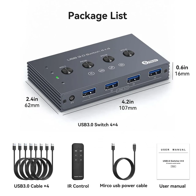 Alt view image 7 of 7 - USB 3.0 Switch Selector 4 Computers Share 4 USB-A Ports for Mouse, Keyboard & Printer, Wireless Remote Control & Cable Included