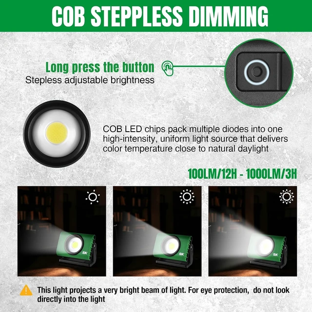 Alt view image 3 of 7 - 1000LM Rechargeable Magnetic COB LED Work Light, 4500mAh, Type-C | Quick Charge, IP65 & IK07, 180° Rotation for Auto & Machine Repair, Camping