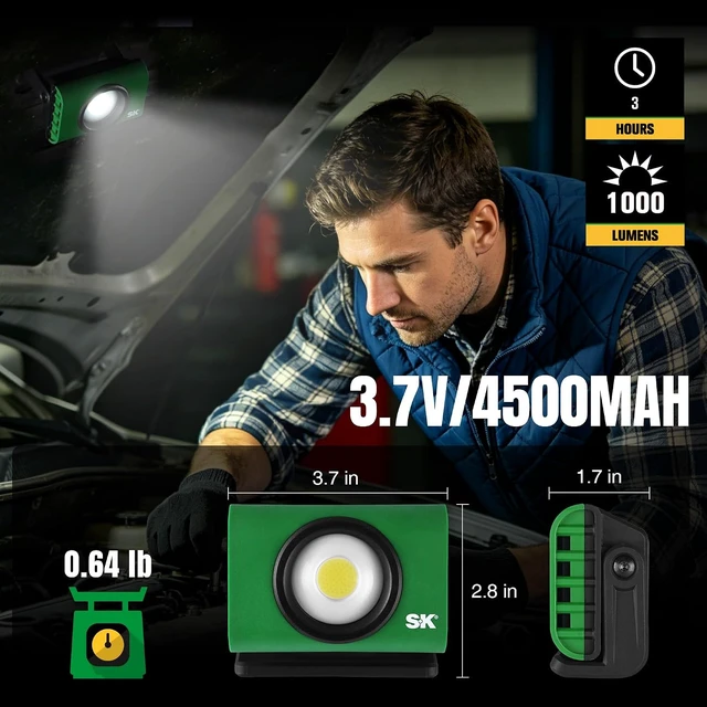 Alt view image 5 of 7 - 1000LM Rechargeable Magnetic COB LED Work Light, 4500mAh, Type-C | Quick Charge, IP65 & IK07, 180° Rotation for Auto & Machine Repair, Camping