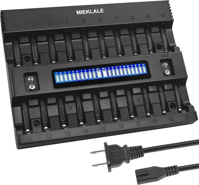 Main image of 20+2 Bay AA AAA Battery Charger with Smart LCD Display Fast Charging for AA AAA NiMH NiCd & 9V Rechargeable Batteries, 2 Separate 9V Slots
