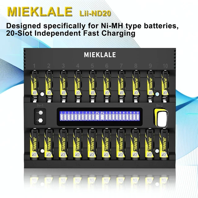 Alt view image 2 of 7 - 20+2 Bay AA AAA Battery Charger with Smart LCD Display Fast Charging for AA AAA NiMH NiCd & 9V Rechargeable Batteries, 2 Separate 9V Slots