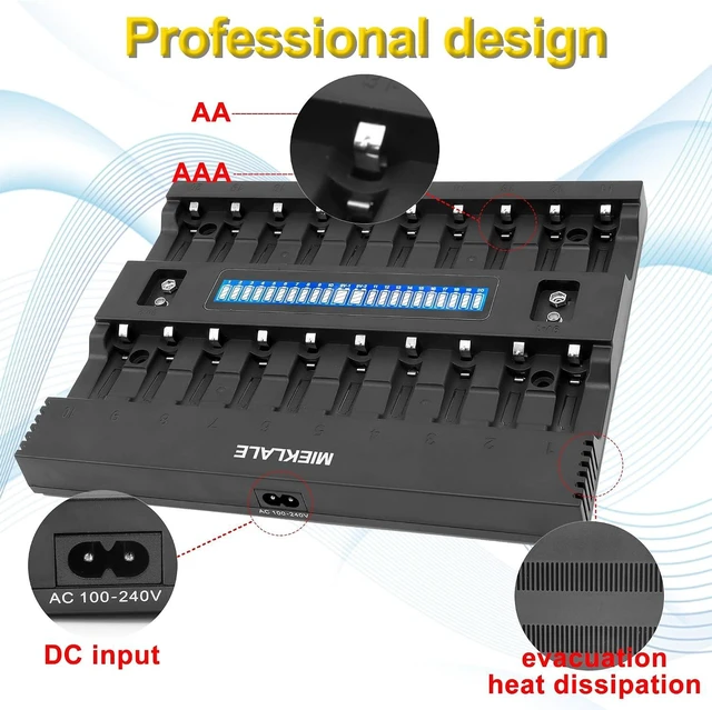 Alt view image 5 of 7 - 20+2 Bay AA AAA Battery Charger with Smart LCD Display Fast Charging for AA AAA NiMH NiCd & 9V Rechargeable Batteries, 2 Separate 9V Slots