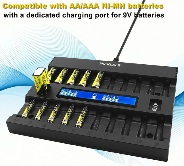 Alt view image 3 of 7 - 20+2 Bay AA AAA Battery Charger with Smart LCD Display Fast Charging for AA AAA NiMH NiCd & 9V Rechargeable Batteries, 2 Separate 9V Slots