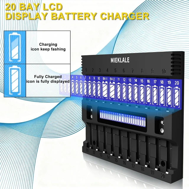 Alt view image 6 of 7 - 20+2 Bay AA AAA Battery Charger with Smart LCD Display Fast Charging for AA AAA NiMH NiCd & 9V Rechargeable Batteries, 2 Separate 9V Slots