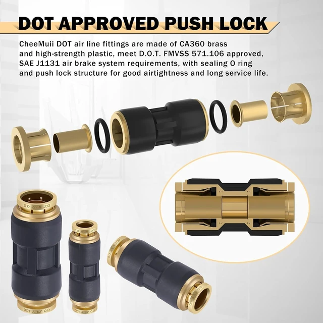 Alt view image 3 of 6 - 30 PCS DOT Air Line Fittings 1/4" 3/8" 1/2" Push Lock Brass & Plastic Straight Unions, Quick Connect Air Hose Fittings Repair Kit
