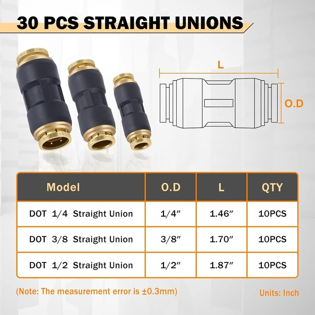 Alt view image 2 of 6 - 30 PCS DOT Air Line Fittings 1/4" 3/8" 1/2" Push Lock Brass & Plastic Straight Unions, Quick Connect Air Hose Fittings Repair Kit
