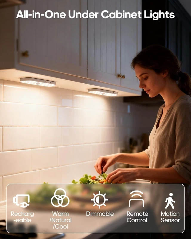 Alt view image 2 of 7 - 6-Pack Wireless Under Cabinet Lighting with Charging Station 6'' LED Rechargeable Motion Sensor Light, 3CCT Dimmable, for Pantry, Bookshelf & Stair
