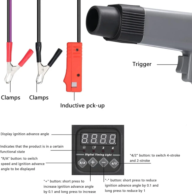 Alt view image 2 of 7 - 12V Professional Ignition Timing Light, Digital Display Inductive Timing Strobe Lamp Detector for Car, Motorcycle, Petrol Engine Diagnosis Tool