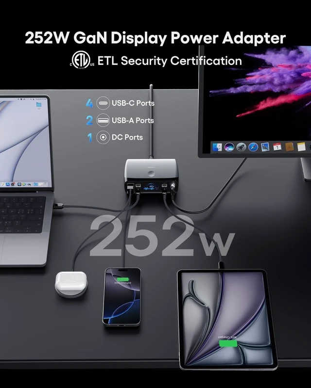 Alt view image 2 of 7 - 252W Charging Station 7 Ports (4 USB-C, 2 USB-A, 1 DC) with Adjustable 3.3V~24.5V (0~60W) DC Supply, LED Display, for iPhone, Laptops & Monitors
