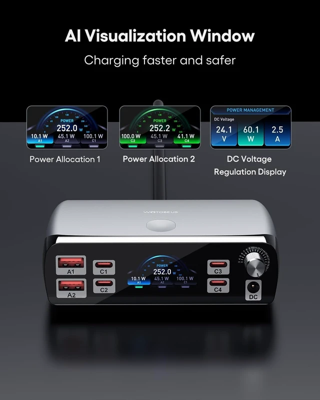 Alt view image 3 of 7 - 252W Charging Station 7 Ports (4 USB-C, 2 USB-A, 1 DC) with Adjustable 3.3V~24.5V (0~60W) DC Supply, LED Display, for iPhone, Laptops & Monitors