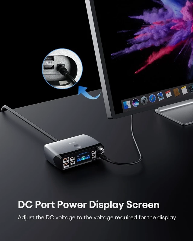 Alt view image 4 of 7 - 252W Charging Station 7 Ports (4 USB-C, 2 USB-A, 1 DC) with Adjustable 3.3V~24.5V (0~60W) DC Supply, LED Display, for iPhone, Laptops & Monitors