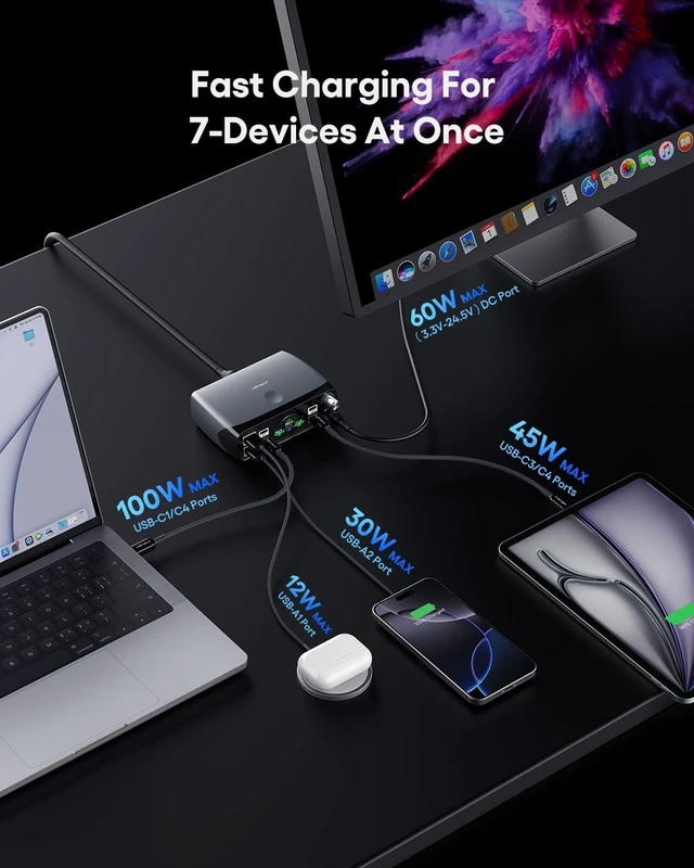 Alt view image 6 of 7 - 252W Charging Station 7 Ports (4 USB-C, 2 USB-A, 1 DC) with Adjustable 3.3V~24.5V (0~60W) DC Supply, LED Display, for iPhone, Laptops & Monitors