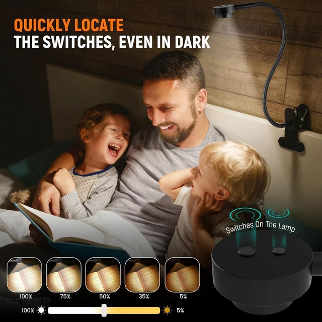 Alt view image 2 of 7 - Flexible Clip-On Bedside Reading Light 3 Color Dimmable Bed Lamp for Headboard, Bendable All-Metal Head Switch, CRI 95 LED, Adapter Included