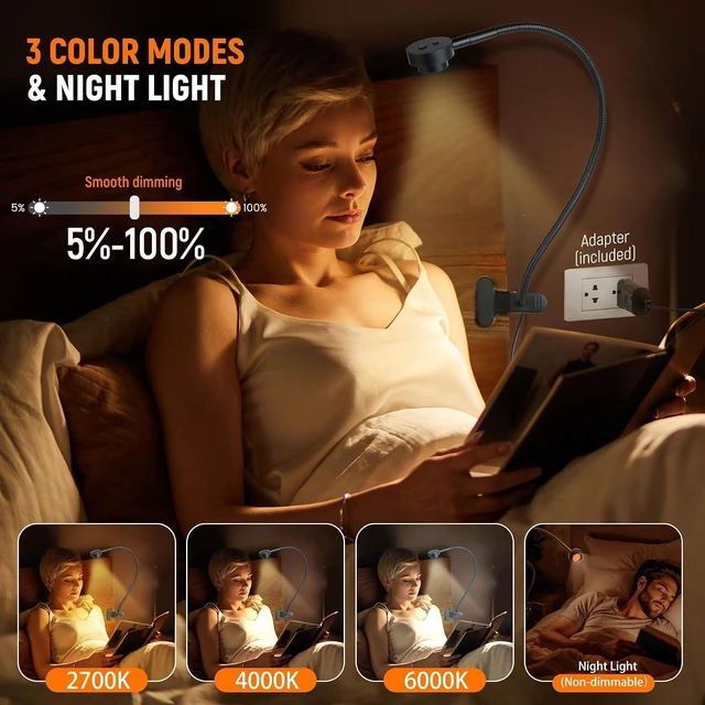 Alt view image 3 of 7 - Flexible Clip-On Bedside Reading Light 3 Color Dimmable Bed Lamp for Headboard, Bendable All-Metal Head Switch, CRI 95 LED, Adapter Included