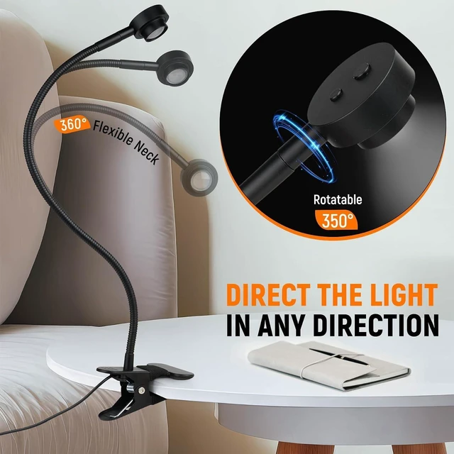 Alt view image 5 of 7 - Flexible Clip-On Bedside Reading Light 3 Color Dimmable Bed Lamp for Headboard, Bendable All-Metal Head Switch, CRI 95 LED, Adapter Included