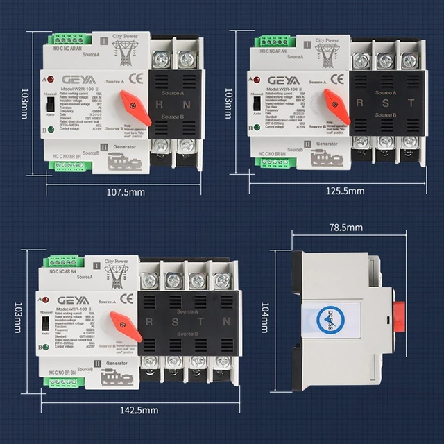 Alt view image 6 of 6 - Mini ATS Automatic/Manual Transfer Switch, 63A 110V Solar Dual Power Over/Under Voltage Switch 50/60Hz, Grid to AC Generator (2Pole)