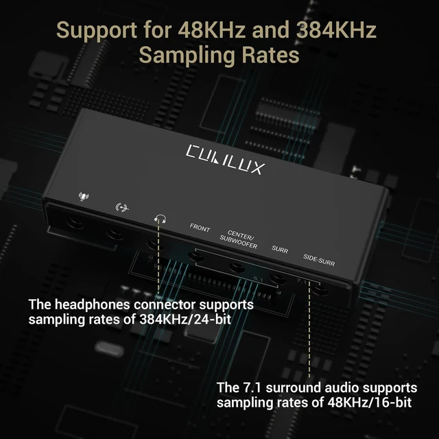 Alt view image 4 of 6 - 7.1 USB Surround Sound Card 48KHz-384KHz Sample Rate, Full Aluminum Alloy USB-A External Card for Laptop PC, Supports Line-in & Stereo Mic In