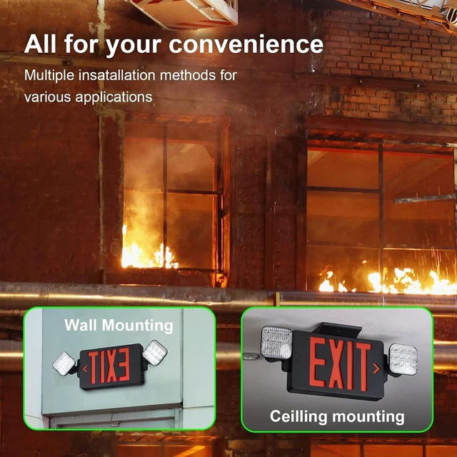Alt view image 6 of 6 - Black Exit Sign with Emergency Lights & Battery Backup, UL Listed, AC 120/277V, LED Commercial Emergency Lighting Combo 2 Pack