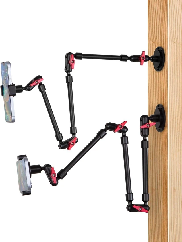 Main image of Wall Mounted Phone Holder with 360° Rotating Magic Arm - Adjustable Metal Base Screw-In for Kitchen, Bedroom & Home, 32-Inch Metal Clip