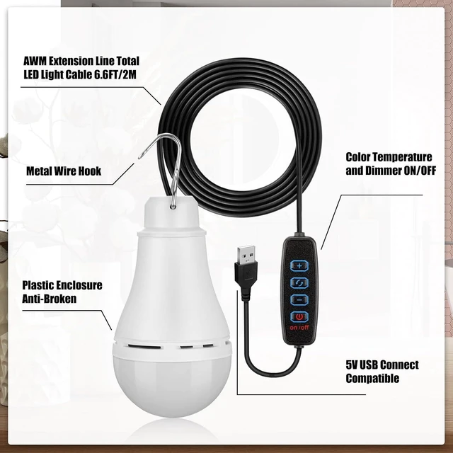 Alt view image 2 of 6 - 12-Pack USB LED Light String Portable Bulb Strip with 6.6ft Cord & Splitter Cable for Camping, Porch, Backyard, Garage, Truck, Fishing, Boat
