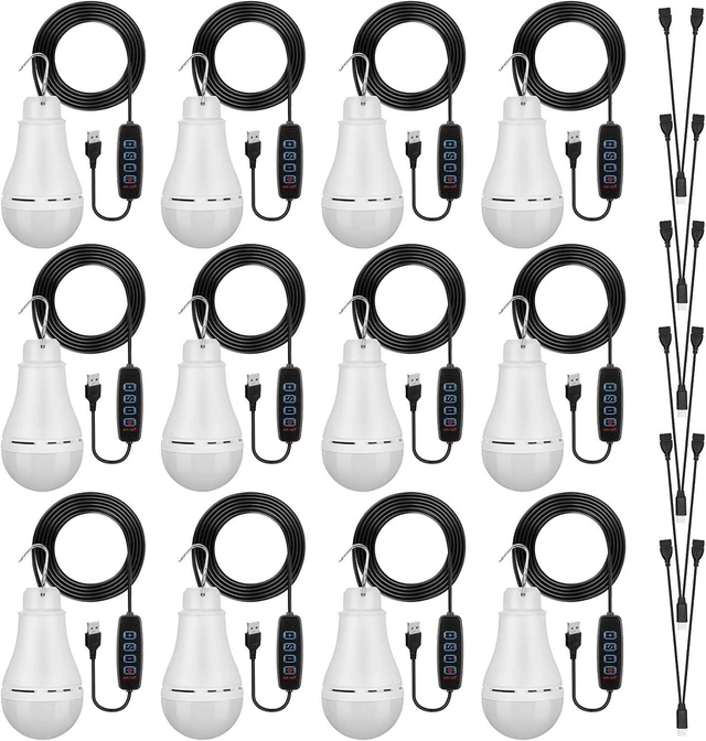 Main image of 12-Pack USB LED Light String Portable Bulb Strip with 6.6ft Cord & Splitter Cable for Camping, Porch, Backyard, Garage, Truck, Fishing, Boat