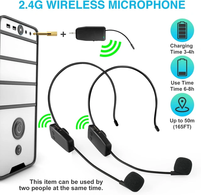 Alt view image 3 of 6 - Wireless Microphone System for 2 People 160ft Range 2.4G Dual Headset Mics for Karaoke Speaker, Amplifier, PA System, Yoga, Teaching & Fitness