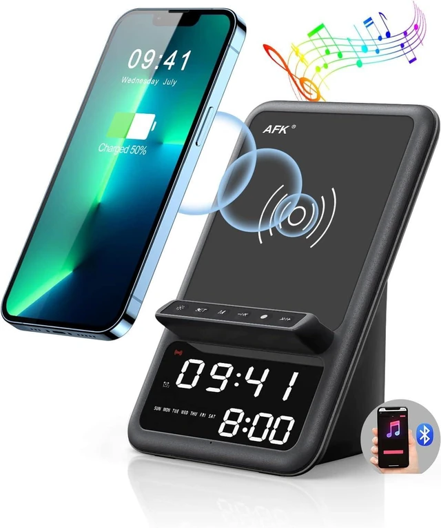 Main image of Wireless Charging Station with Bluetooth Speaker & Alarm Clock Wireless Charger Compatible with iPhone & Android Phones (Black)