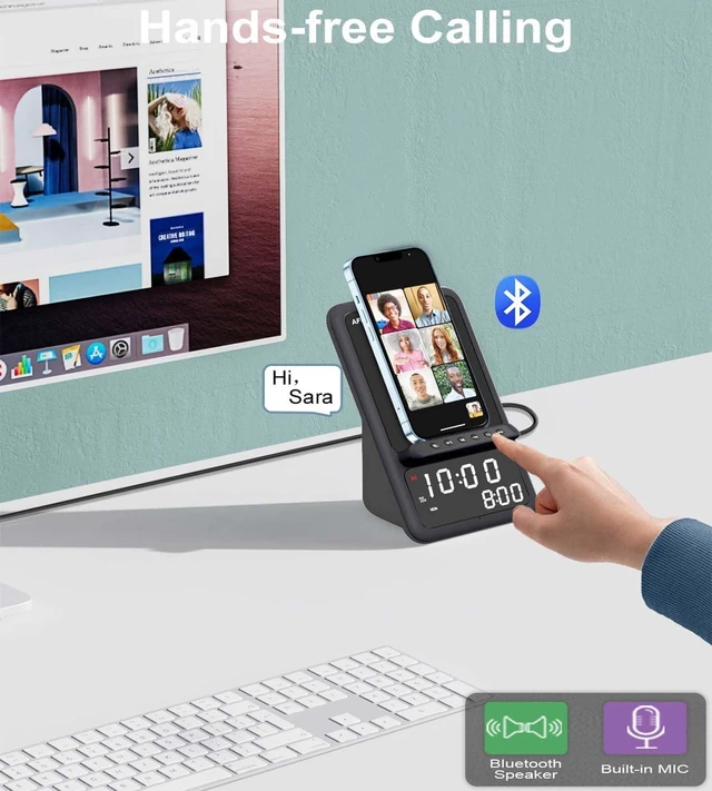 Alt view image 6 of 6 - Wireless Charging Station with Bluetooth Speaker & Alarm Clock Wireless Charger Compatible with iPhone & Android Phones (Black)