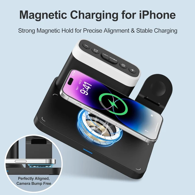 Alt view image 4 of 7 - 5-in-1 Wireless Charging Station with Alarm Clock & Night Light for iPhone, Watch & AirPods