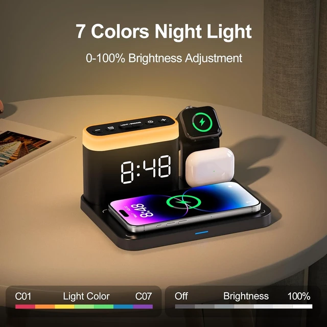 Alt view image 6 of 7 - 5-in-1 Wireless Charging Station with Alarm Clock & Night Light for iPhone, Watch & AirPods
