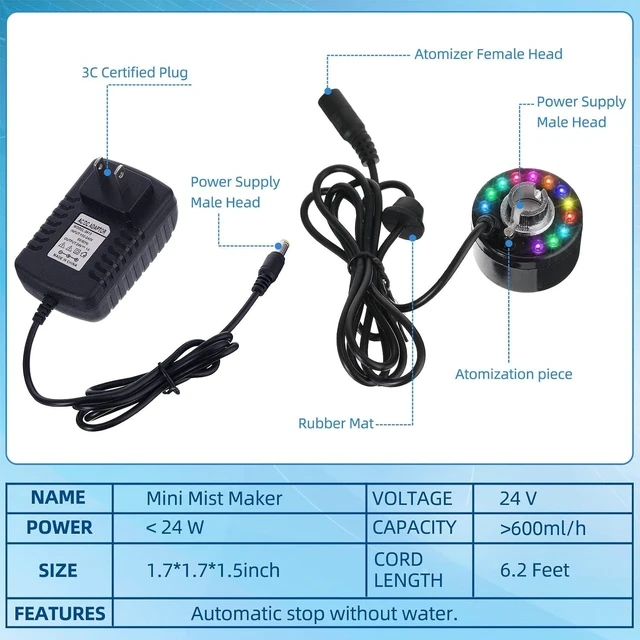 Alt view image 3 of 7 - 6 Pcs Ultrasonic Mist Maker Fogger with Color Change LED Water Fountain Pond Fog Machine for Home Room Office Outdoor Holiday (Black, Plastic)