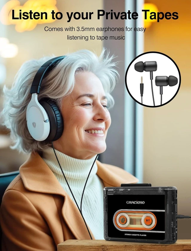 Alt view image 3 of 7 - Compact Bluetooth Cassette Tape Player with 1100mAH Rechargeable Battery Vintage Player with Earphone & Back Clip, Portable for Home & Park