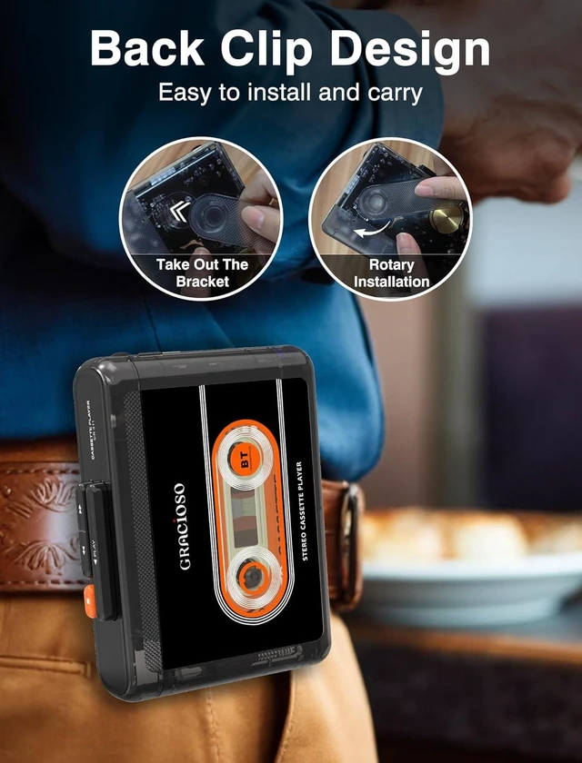 Alt view image 5 of 7 - Compact Bluetooth Cassette Tape Player with 1100mAH Rechargeable Battery Vintage Player with Earphone & Back Clip, Portable for Home & Park