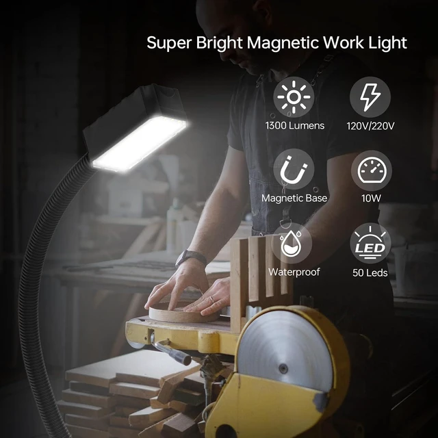 Alt view image 2 of 7 - Magnetic Work Light 1300 Lumens LED Machine Light with Strong Magnetic Base & Flexible Gooseneck for Lathe & Drill Press, 10W 120V