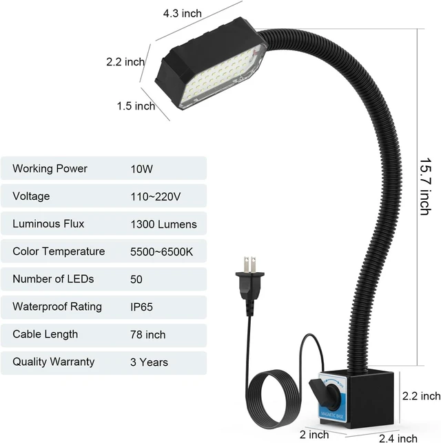 Alt view image 6 of 7 - Magnetic Work Light 1300 Lumens LED Machine Light with Strong Magnetic Base & Flexible Gooseneck for Lathe & Drill Press, 10W 120V