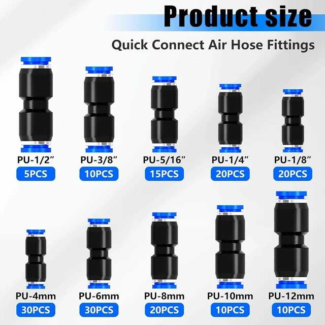 Alt view image 3 of 7 - 170PCS Air Hose Quick Connect Fittings, 1/8-1/2 Inch & 4/6/8/10/12mm Push-to-Connect, Quick Release Pneumatic Air Line Fittings