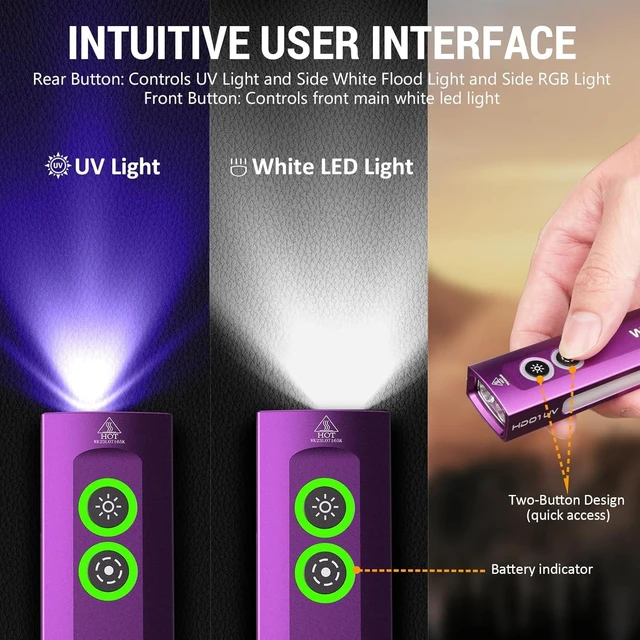 Alt view image 4 of 7 - HD01 Rechargeable EDC UV Flashlight, 365nm UV Light, 1200 Lumens Flat Flashlight with RGB, Pocket Light for Emergency & Pet Urine Detection (Purple)
