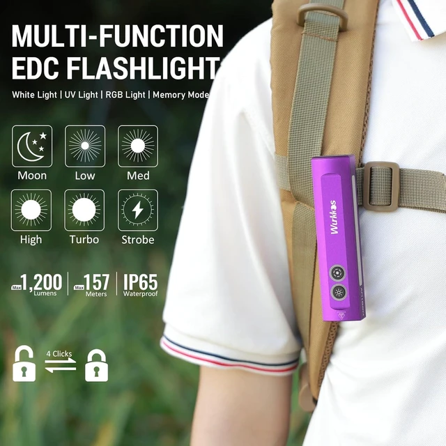 Alt view image 5 of 7 - HD01 Rechargeable EDC UV Flashlight, 365nm UV Light, 1200 Lumens Flat Flashlight with RGB, Pocket Light for Emergency & Pet Urine Detection (Purple)