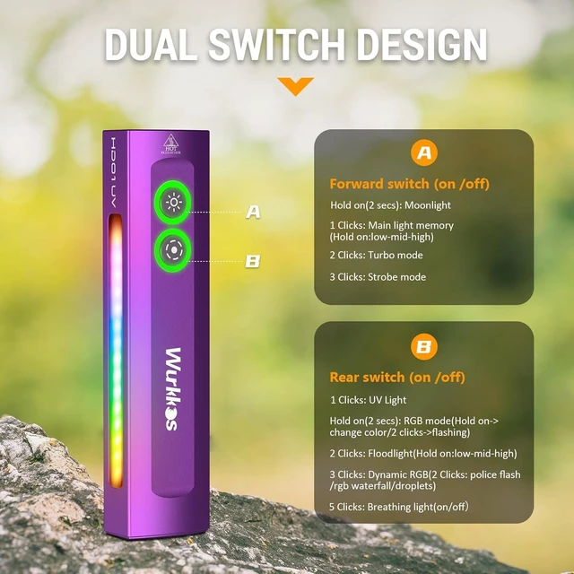 Alt view image 6 of 7 - HD01 Rechargeable EDC UV Flashlight, 365nm UV Light, 1200 Lumens Flat Flashlight with RGB, Pocket Light for Emergency & Pet Urine Detection (Purple)