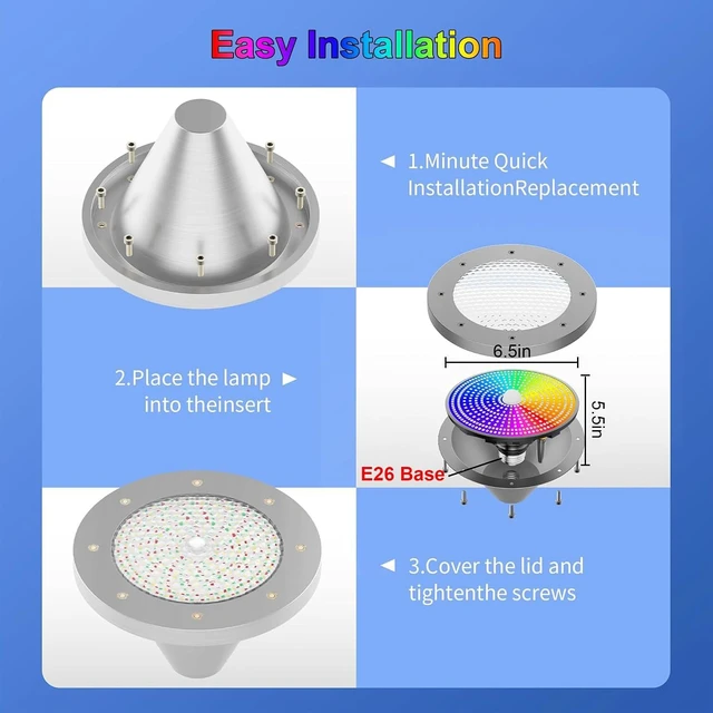 Alt view image 5 of 7 - 120V 90W LED Pool Light Bulb (E26 Base) Multi-Color & Adjustable Brightness Spa Light for Inground & Above Ground Swimming Pools, Black