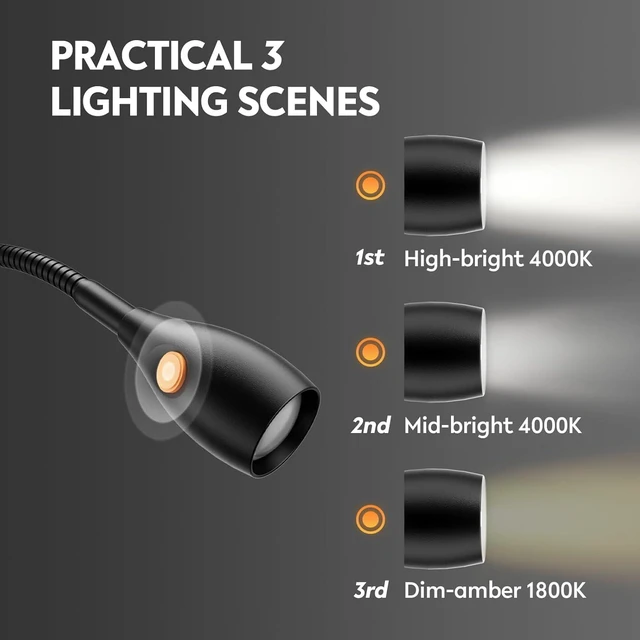 Alt view image 5 of 7 - Wall-Mounted Minimalist Bedside Reading Light Wooden Headboard Mount with Flexible Neck, Handy Head Switch, CRI 98+ 4000K LED, USB Powered