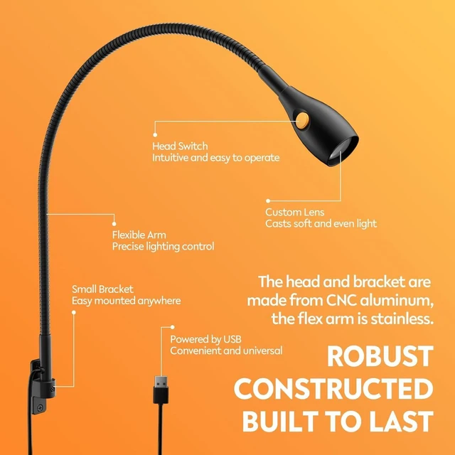 Alt view image 6 of 7 - Wall-Mounted Minimalist Bedside Reading Light Wooden Headboard Mount with Flexible Neck, Handy Head Switch, CRI 98+ 4000K LED, USB Powered