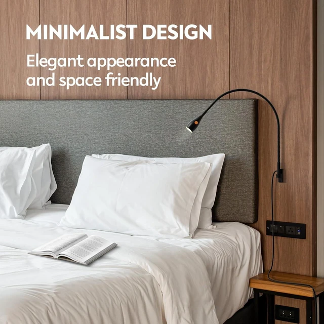 Alt view image 2 of 7 - Wall-Mounted Minimalist Bedside Reading Light Wooden Headboard Mount with Flexible Neck, Handy Head Switch, CRI 98+ 4000K LED, USB Powered