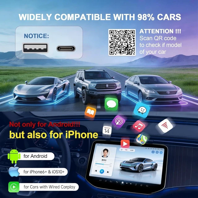 Alt view image 4 of 7 - Wireless CarPlay Adapter for iPhone iOS 10+ & Android CarLife - Plug and Play, Stable Connection Without Delay, Wired to Wireless